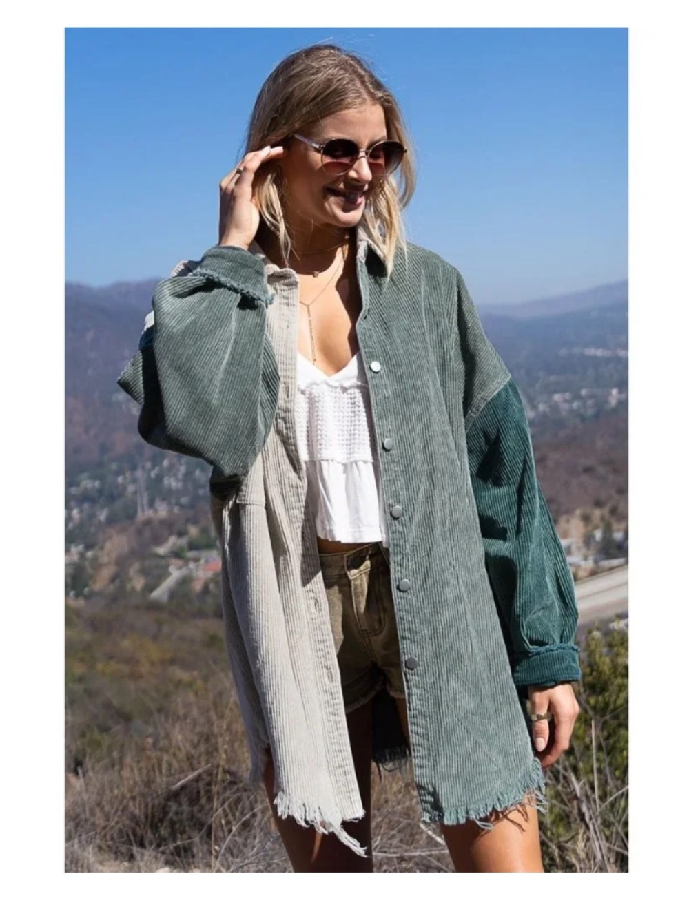 POL Colorblock Corduroy Oversized Shacket Sage Jade Cream Boho Large - Picture 5 of 9
